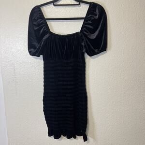 Divided Black Velour Puff Sleeve Shirred Smocked Bodycon Mini Dress Size Small